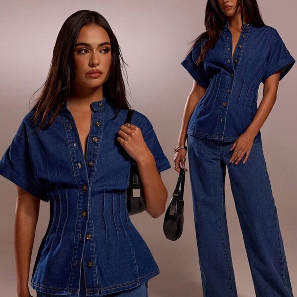 Blue Casual Womens Sleeveless peplum Denim Top - Picture 1 of 6